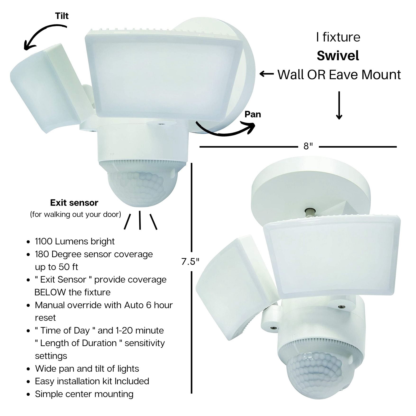 IQ America LED Outdoor Motion Sensor Security Floodlight, 1100 Lumens, 180° Detection, Weatherproof