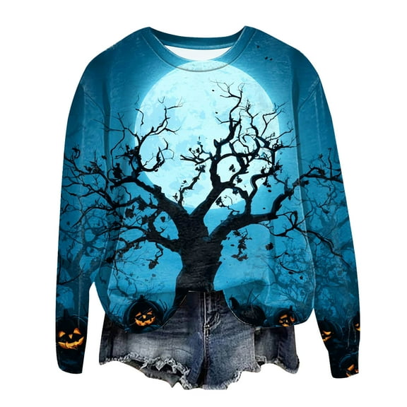 adviicd Women's Halloween Funny Ghost Pumpkin Print Sweatshirt, Spooky Season Graphic Crewneck Vintage Sweatshirts （Blue， XXL）