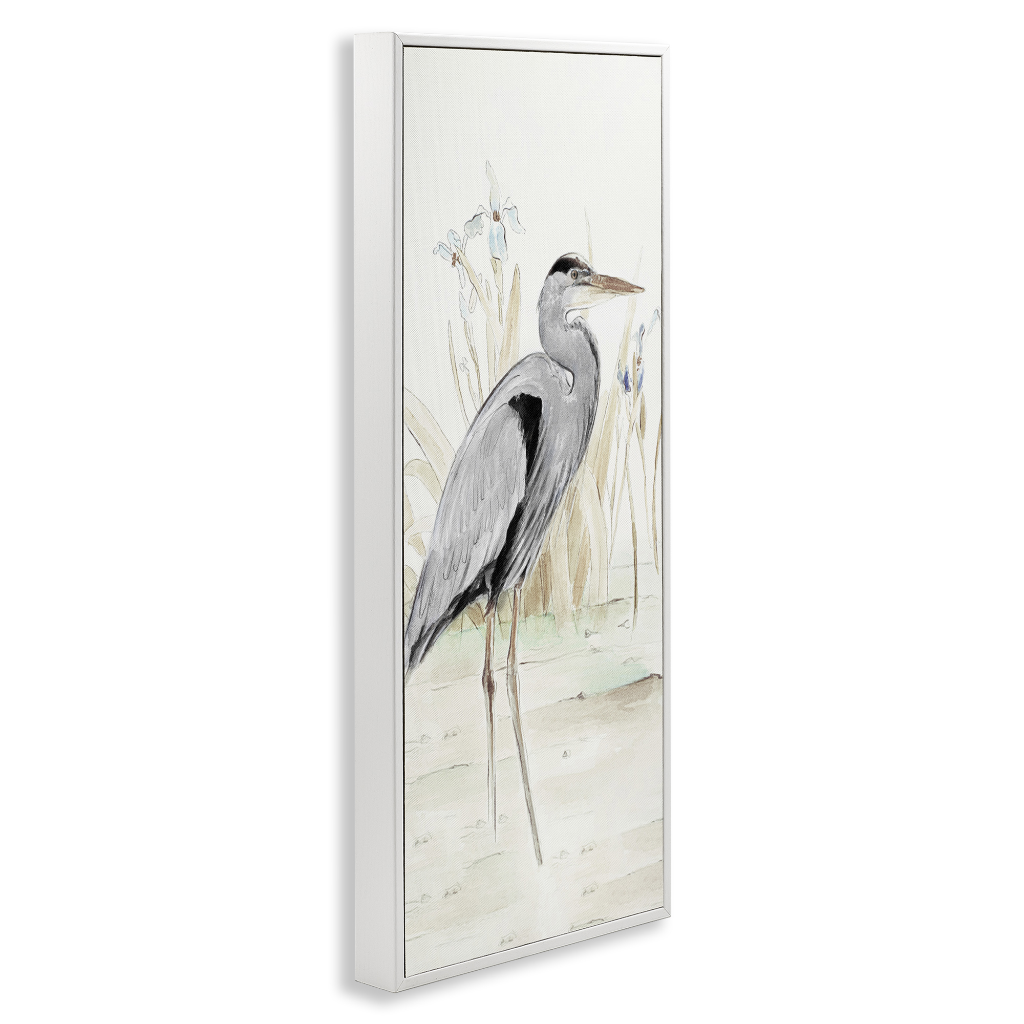Stupell Industries Heron in Lake Drawing Animals & Insects Drawing White Framed Art Print Wall Art, 10 x 24