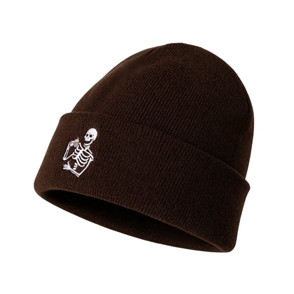 Nsxcdh Skull Cap for Men and Women,Halloween Skeleton Embroidery Cuffed Knit Hat,Ribbed Knit Warm Winter Beanie with Skeleton Holding Cup,Multi Color