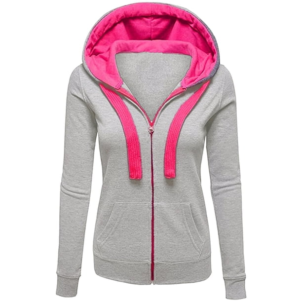 Pntutb Mujeres Manga Larga Patchwork Color Sólido Con Capucha Cremallera Casual Deporte Abrigo Liquidación Pntutb Pntutb-3049