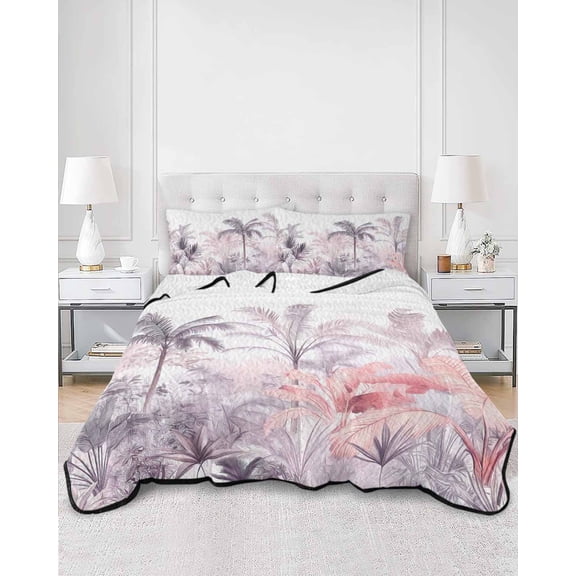 Quilts Twin XL Size, Pink Palm Tree Soft Comforter Bedding Set for Bed, Forest Tropical Plants Flower Leaf Lightweight Quilted Bedspread with Pillow Cover(2 Pieces) for All Season, 68x98 Inch