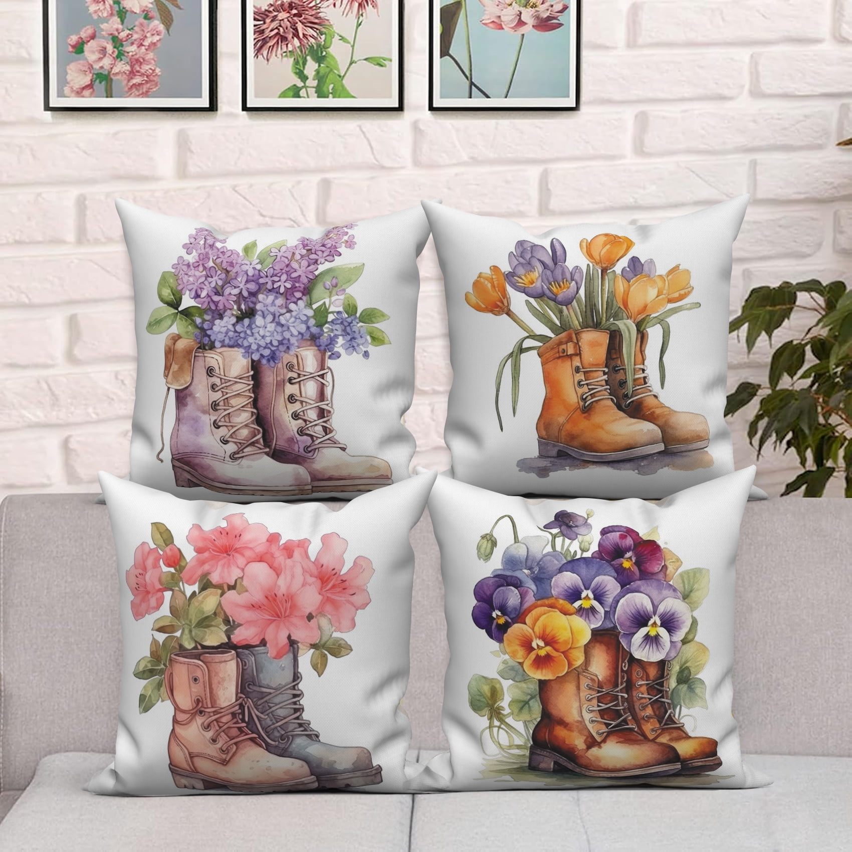 Pbobriich Spring Pillow Covers 16x16 inch Set of 4 Cardinal Floral Throw Pillowcase Linen Sofa Bedroom Living Room Decorations