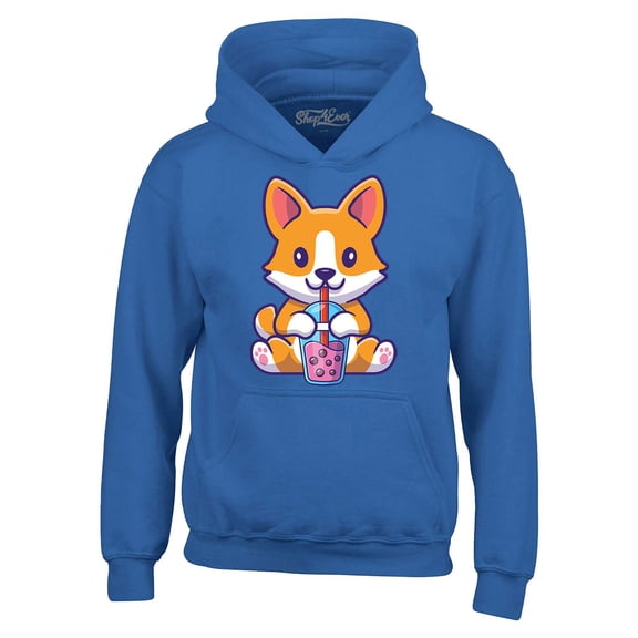 Shop4Ever Men's Cute Corgi Drinking Boba Tea Kawaii Hooded Sweatshirt Hoodie Medium Royal Blue