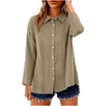 thumbnail image 3 of VBVC Women's Cotton-Linen Collared Tunic Top , Ladies' Long Sleeve Button Down Blouse , Loose Fit Pleated Shirts For Women,Khaki,S-2XL, 3 of 10