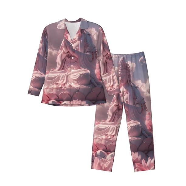 Fotbe Pink Lotus Buddha Pijama de Hombre con Estampado de Manga Larga, Conjunto de 2 Piezas, Ropa de Dormir Suave y Cómoda con Bolsillos-Medium
