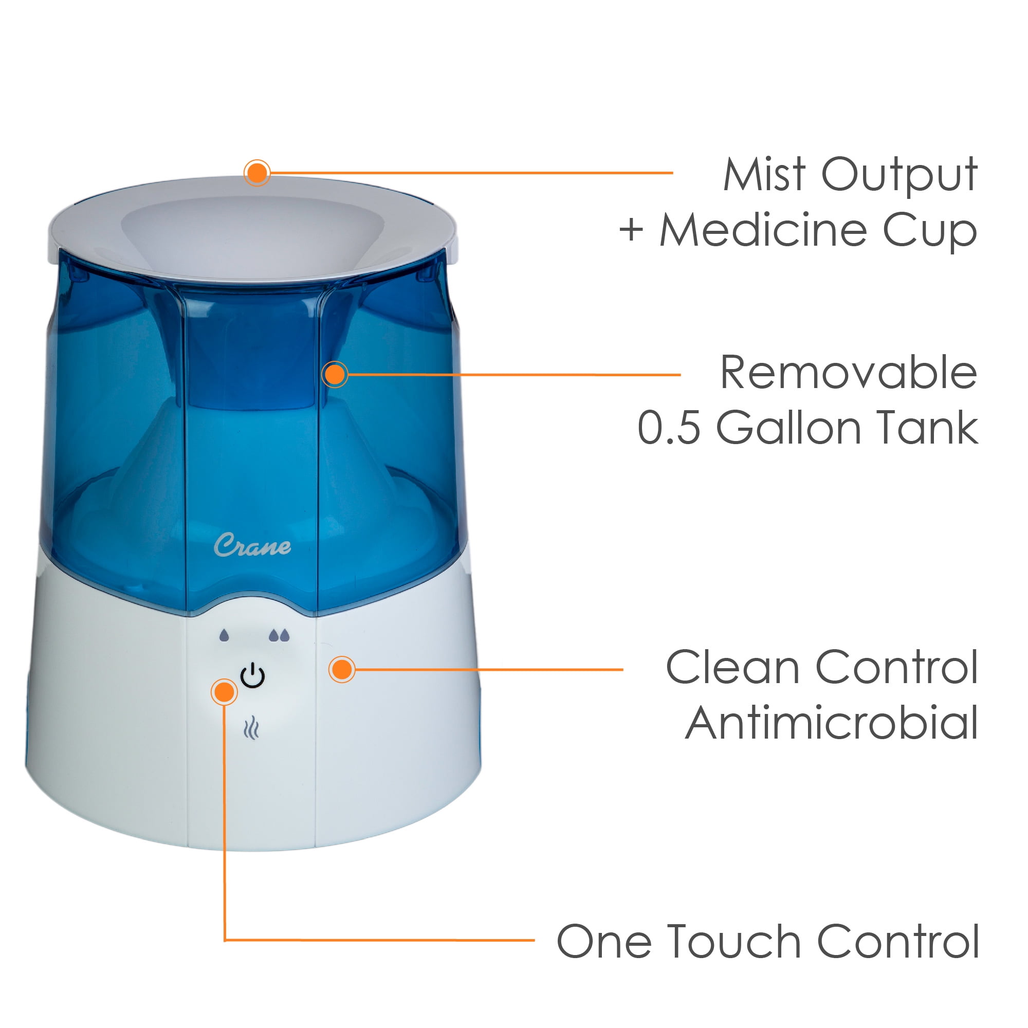 Crane 0.5 Gal. Warm Mist Humidifier, 2 Speed Settings, Medicine Cup, 13 Hour Run Time, Blue/White