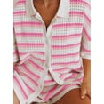 thumbnail image 3 of Argulvti Women Pajamas Set 2 Pieces Loungewear Suits Viscose Stripe Contrast Color Button Crochet Knit Tops and Shorts Lounge Sets, 3 of 6