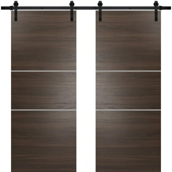 Sturdy Double Barn Door 36 x 80 inches with | Planum 0110 Chocolate Ash with Frosted Glass | 13FT Rail Hangers Heavy Set | Solid Panel Interior Doors