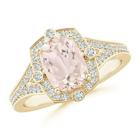 ANGARA Natural Art Deco Inspired Cushion 1.2 ct Morganite Ring with Diamond Halo in 14K Yellow Gold for Women | Birthday, Anniversary, Jewelry Gift for Women | Natural Morganite Ring