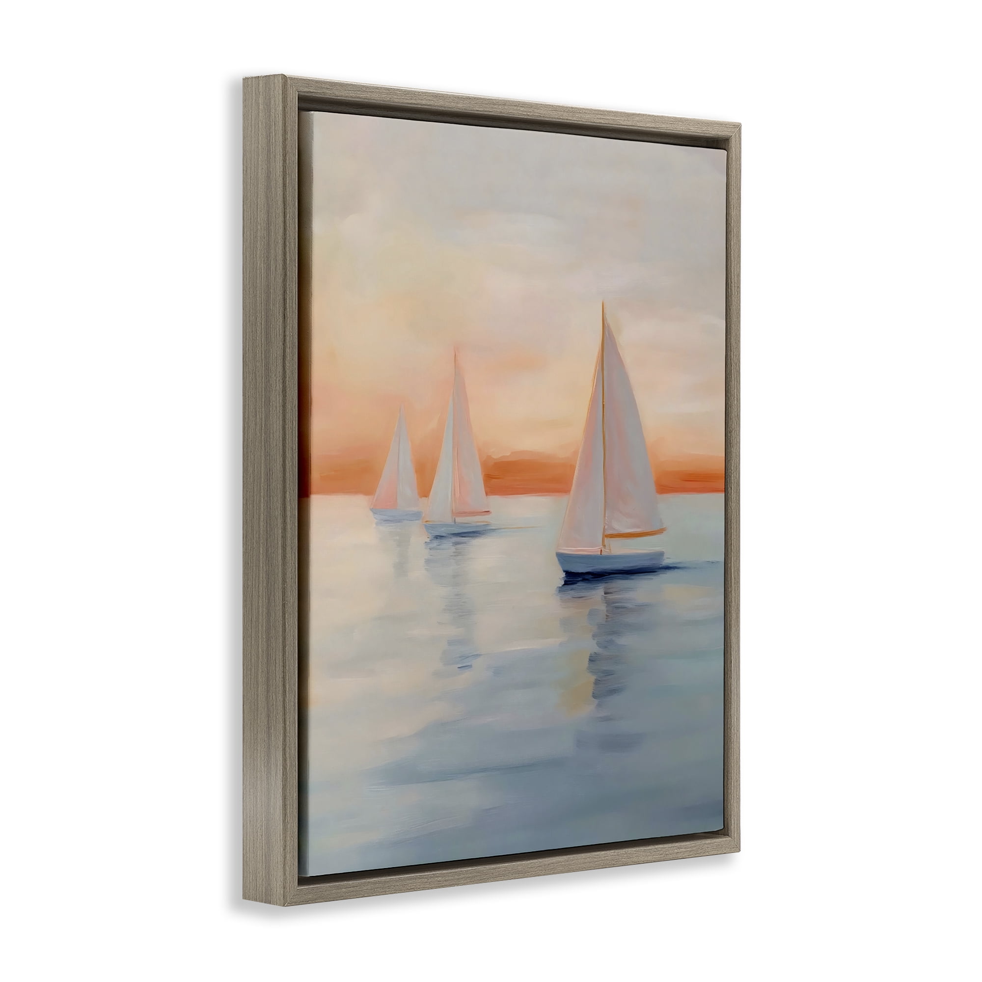 Stupell Industries Sunset Sailboats Over Calm Sea Brown Framed Floater Canvas Wall Art, design by Creative Studio