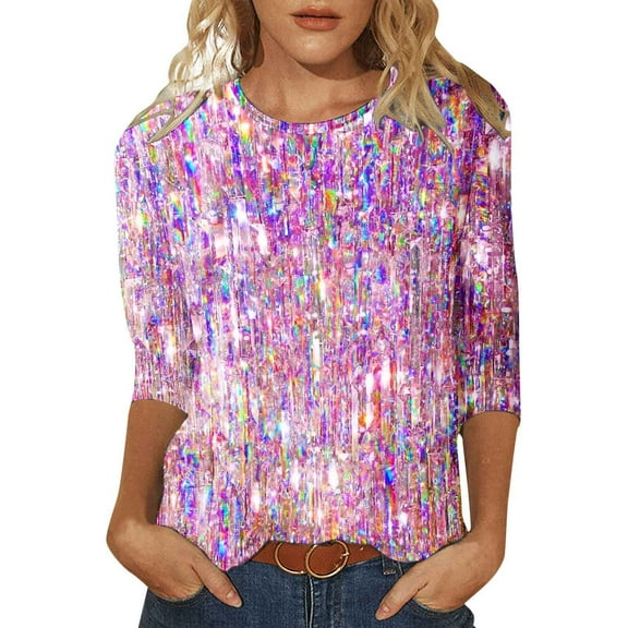 Puliio Women's Sequin Shirts Glitter Printing 3/4 Sleeve Round Neck Top Summer Casual Loose Top Blouse