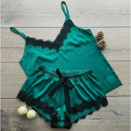 

Miayilima Lingerie Women Set Shorts Satin Pajamas V Neck Lace Camisole Bowknot Sleepwear Women s Sleepwear