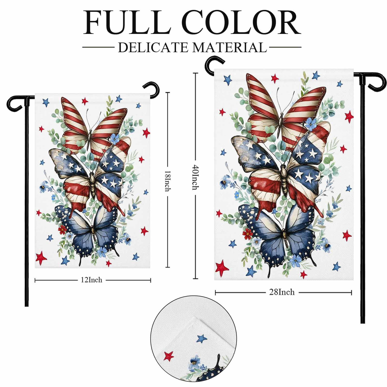 4th of July Garden Flags Red Blue Stars Butterfly Garden Flag Double Sided Welcome Flag Eucalyptus Leaves Independence Day Yard Flags for Outdoor Lawn Porch Memorial Day Holiday Decor 28x40 Inch