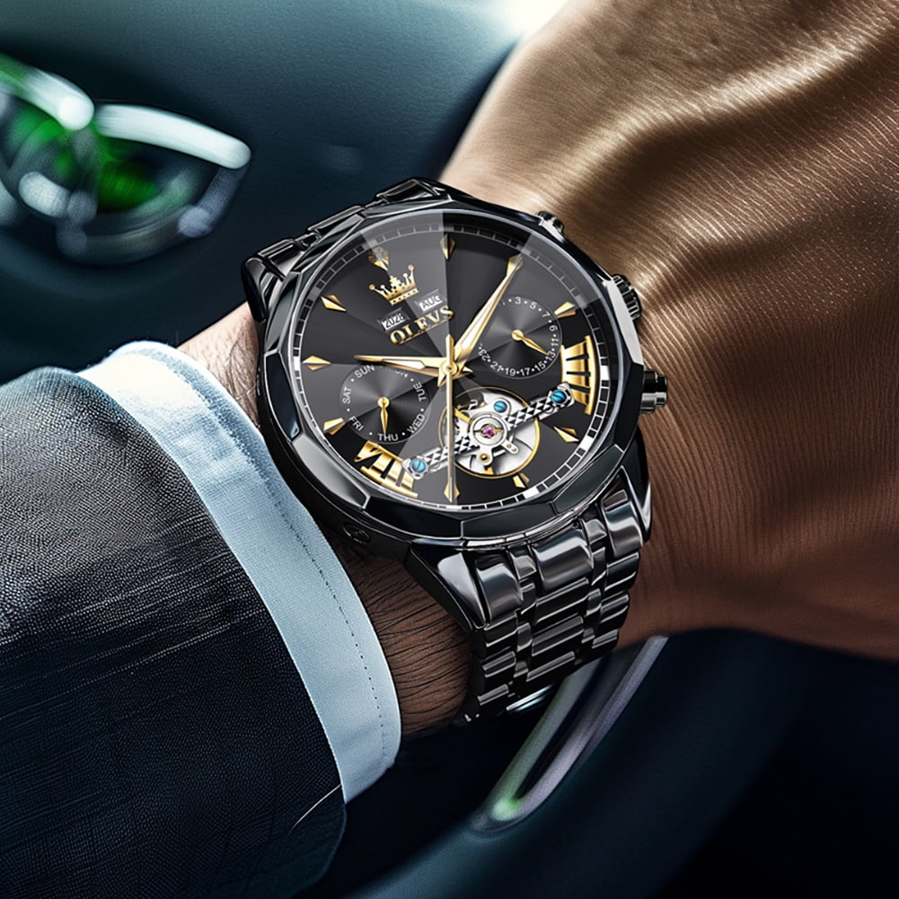 OLEVS Automatic Watches for Men Luxury Dress Waterproof Self Winding Mechanical Chronograph Diamond Stainless Steel Luminous Date Skeleton Tourbillon Mens Watches Gift Reloj Para Hombre Black Dial