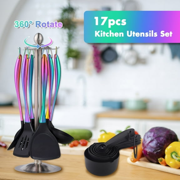 17-Piece Titanium Rainbow Silicone Kitchen Utensils Set with Holder, Heat-Resistant Non-Stick Tools with Stainless Steel Handle Spatula, Ladle & Skimmer