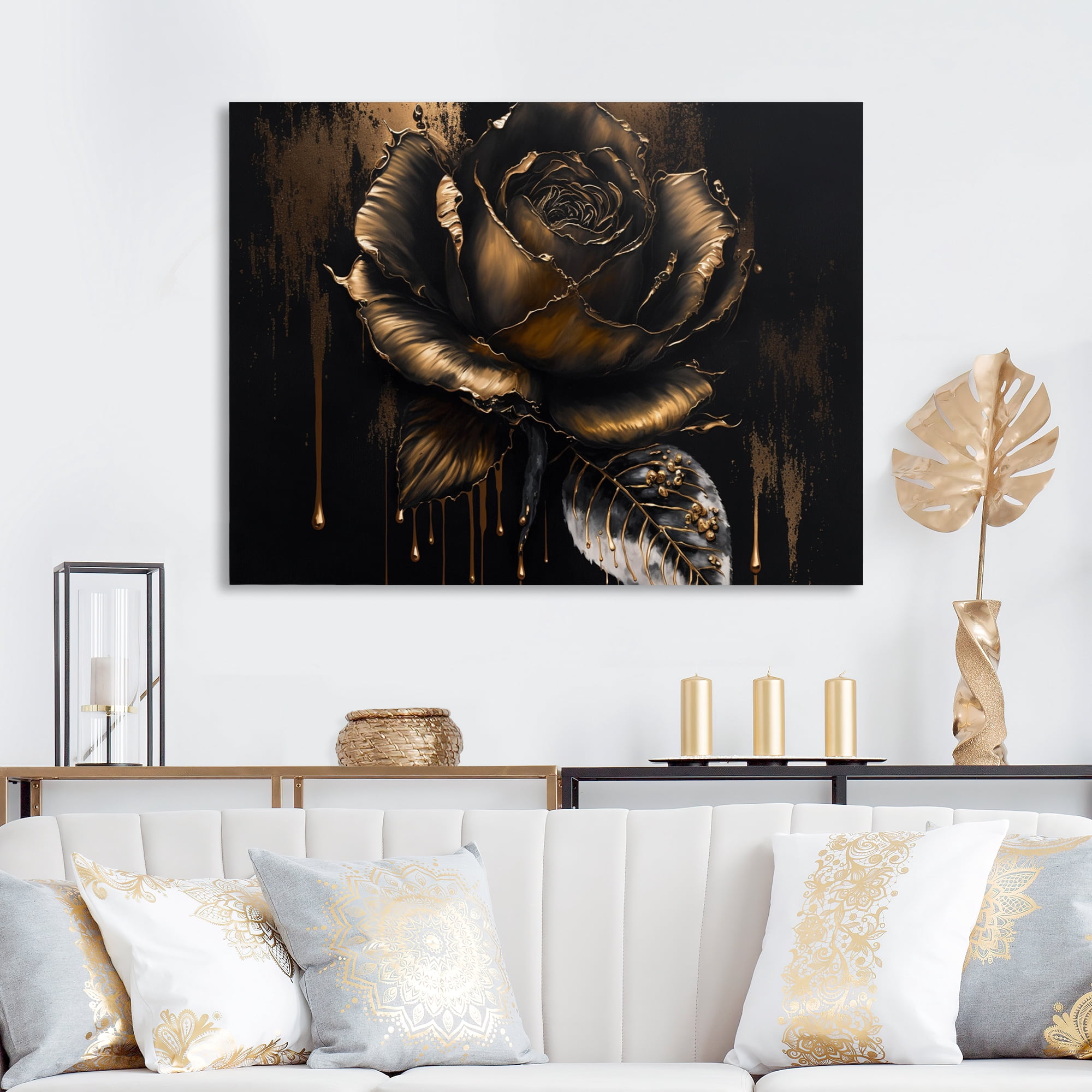 Designart Black And Gold Rose III Canvas Wall Art
