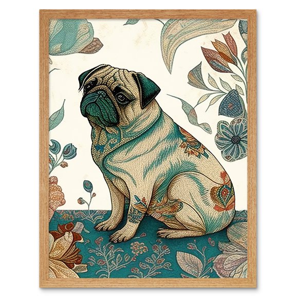 Pug Dog with Floral Patterns Vintage Inspired Multicoloured Linocut Illustration Art Print Framed Poster Wall Decor 12x16 inch