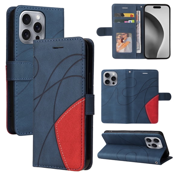 Designed for iPhone 15 Pro Max Wallet Case, [RFID Blocking] PU Leather Folio Kickstand [TPU Protective Interior Case], Magnetic Closure Card Slot with Hand Strap Shockproof Phone Cover,Blue