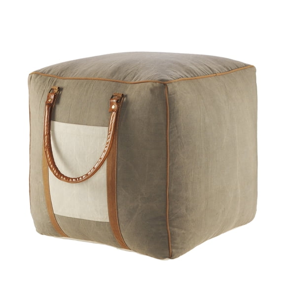 LR Home Medium Bordered Indoor Square Pouf, Taupe, 20" x 20" x 20"