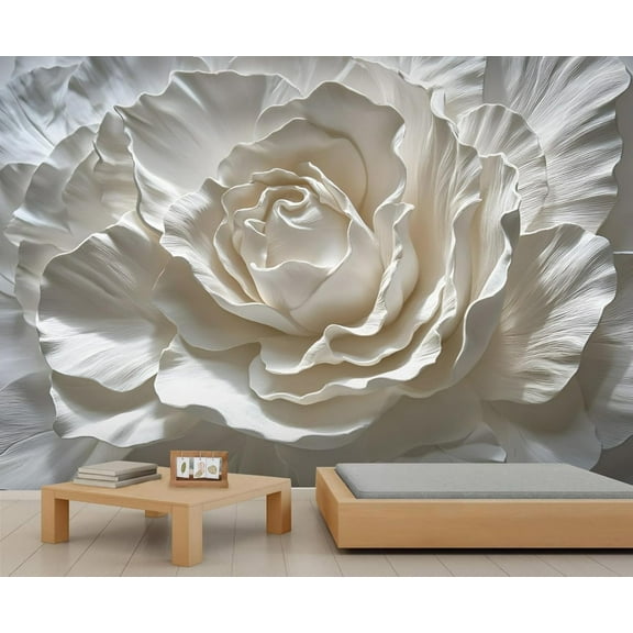 Stereo White Roses Flowers Wall Mural, Relief Art 3D Wallpaper, Nordic Modern Luxury Wall Sticker Wall Decor For Bedroom Living Room Children's Room 55"W x 28"H (Not Peel and Stick)