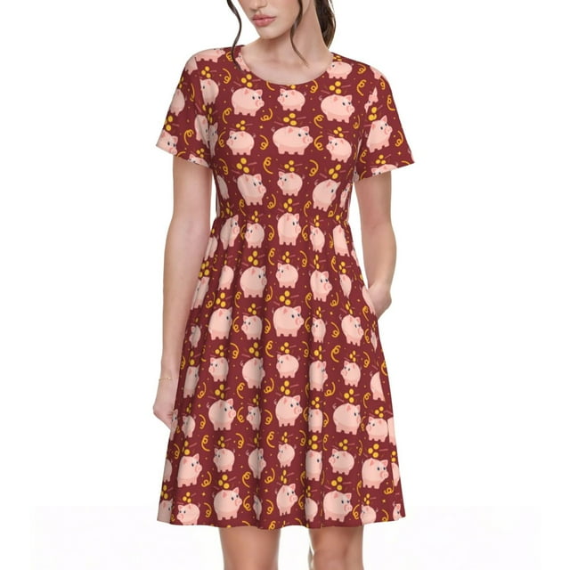 Xecao Mignon Cochon avec Pièces de Monnaie pour Femmes Été Robe Midi à Manches Courtes avec Poches Robe Décontractée T-Shirt Fluide Robe de Plage