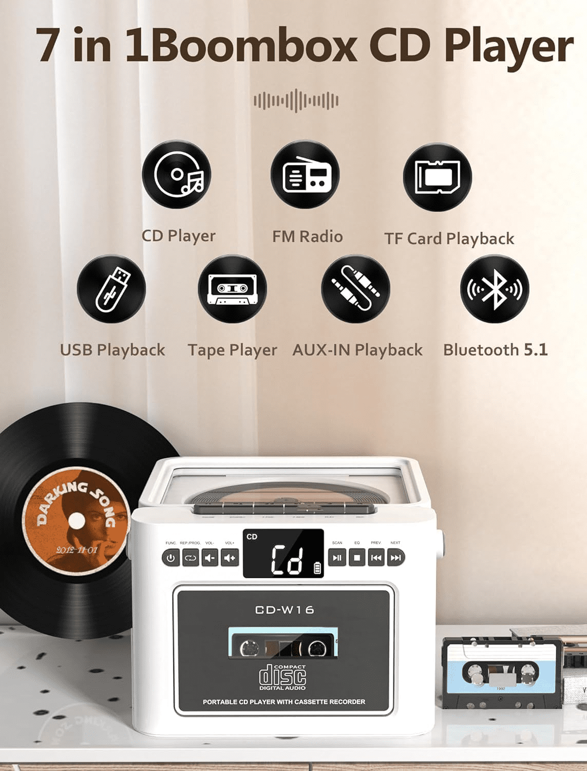 Jazmm Boombox CD Player, CD Cassette Player Combo with Bluetooth, 5000mAh Rechargeable Battery, FM Radio, Tape Recording for Home, Music