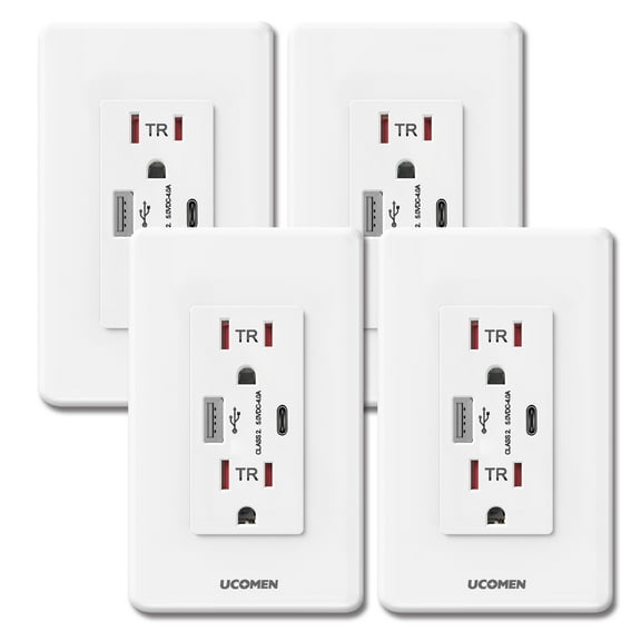 Ucomen Type A & Type C USB Wall Outlet 15A/125V,Type-C High Speed Charging , White (4 Pack)