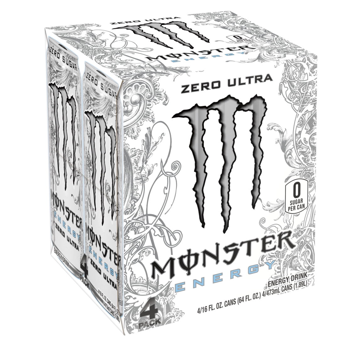 Monster Energy, Zero Ultra, Sugar Free Energy Drink, 4 Pack - 16 Fl Oz