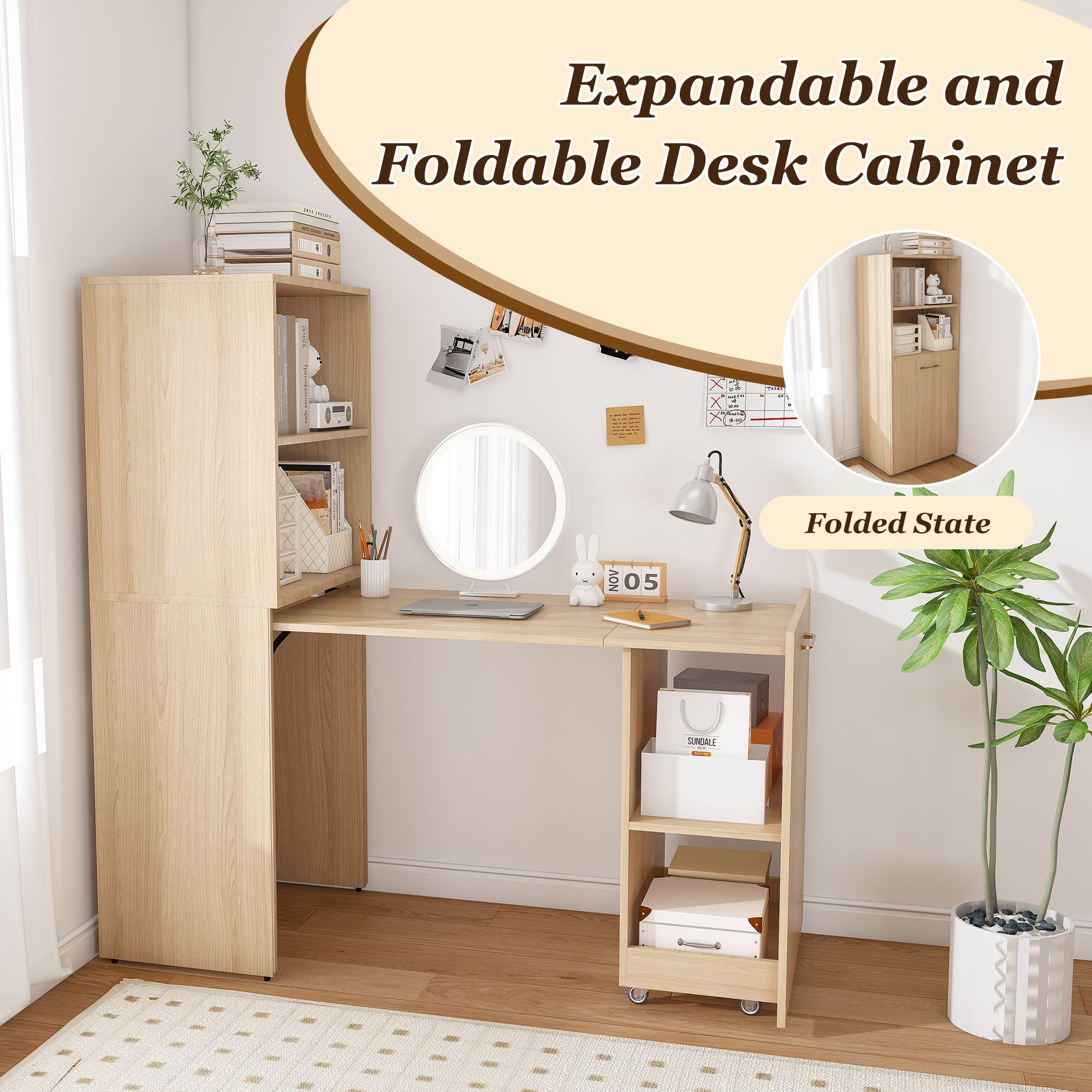Expandable Stretchable Desk with 360° Locking Casters, 4-Tier Open Shelves, Side Handles, Magnetic Closure, Space-Saving Office Desk for Small Apartments