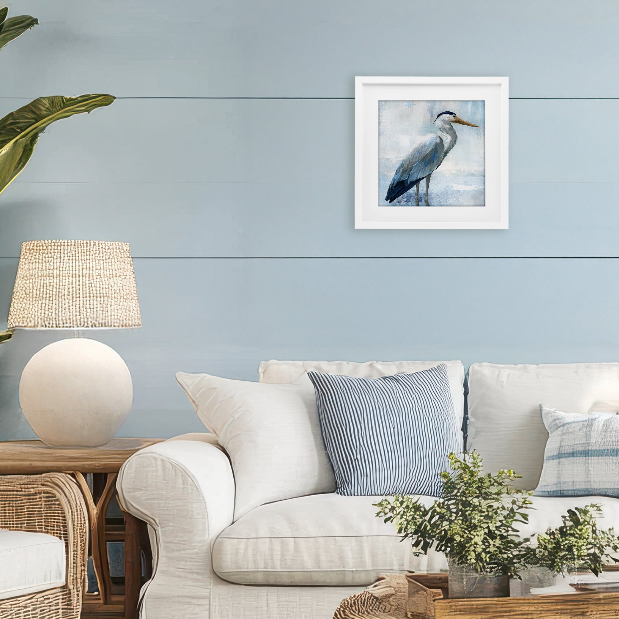 Stupell Industries Serene Blue Heron In Aqua White Framed Print Under Glass, design by Nan