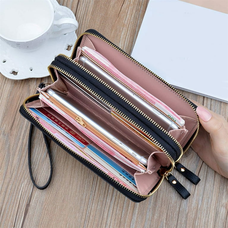 Women Leather Long Wallets Double Zipper Purse Big Fashion Wristlet Wallet Black Walmart