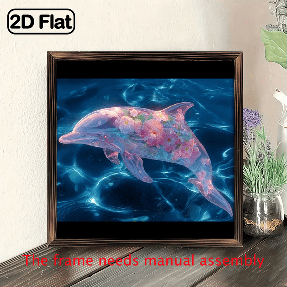 , Glowing Pink Blue Dolphin Transparent Marine Life Canvas Wall Art - Modern Ocean-Themed Painting with Pink Flowers, Wrap-Around Wood Frame for Living Room.