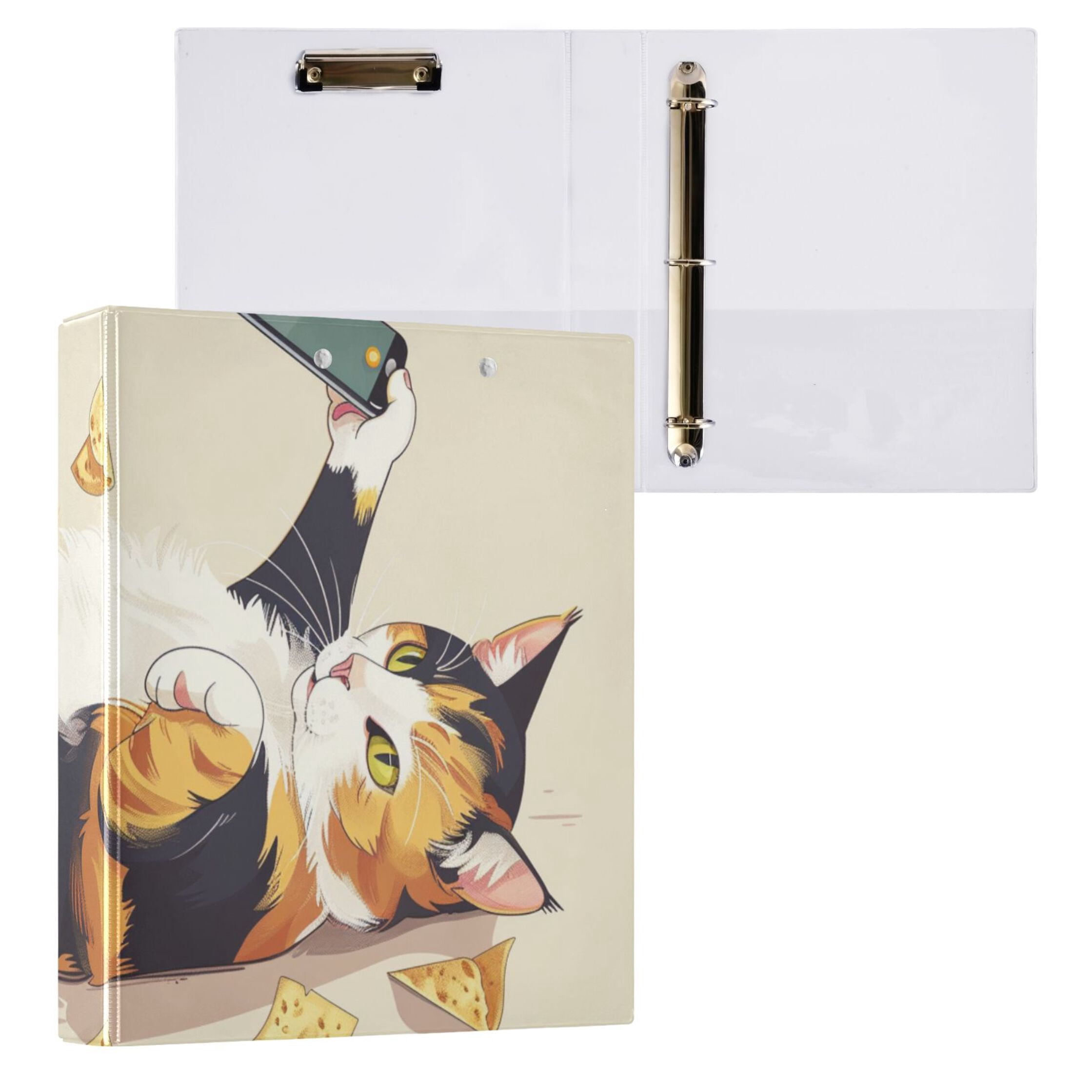 Cute Cat Snack 3 Ring Binders 1.5 inch Hardcover File Folders with Interior Pockets A4 Size Organizer for School Office Hospital
