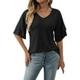 thumbnail image 3 of Womens V-Neck Tops Dressy Double Layer Bell Sleeve 3/4 Length Ruffle Sleeve T Shirts Black L, 3 of 8