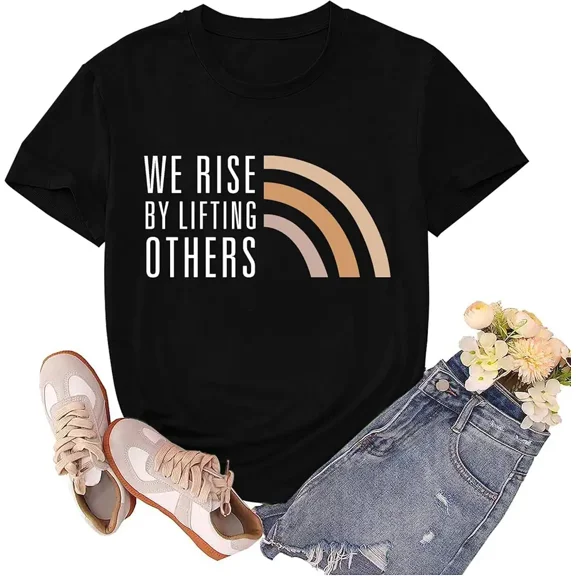 Women's Inspirational Graphic Tee We Rise By Lifting Others Retro Rainbow Motivational Quote Short Sleeve Casual Black Cotton Blend T-Shirt Aesthetic Fashion Top