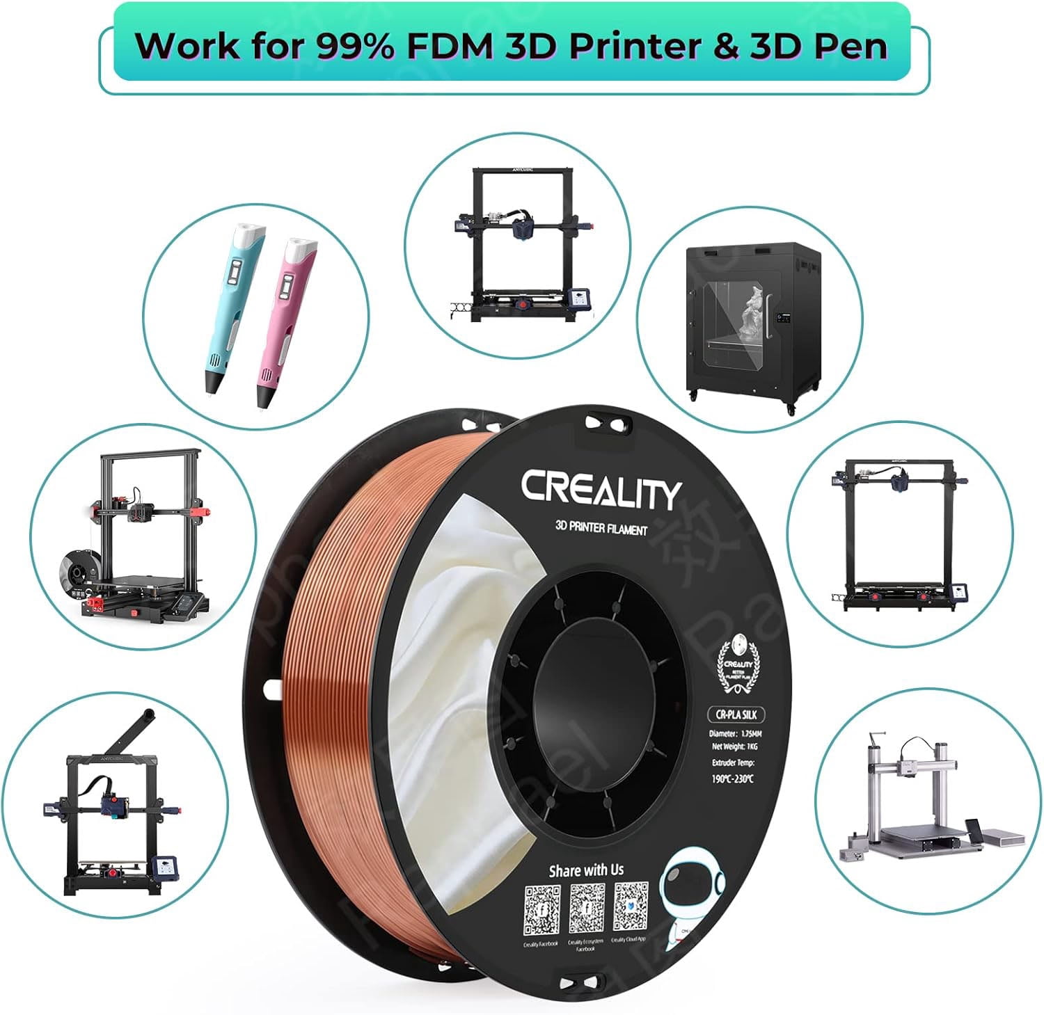 Creality Silk PLA Filament 4-Pack 1.75mm High Gloss 2.2lb Spool Clog-Free Use w Creality Ender CR Series & Most FDM Printer Red Copper 4 Unit per pack