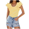 thumbnail image 2 of iHengLiXing Plus Size Spring Tops for Womens Dressy Casual Fashion Women's Ruffled Stripe Casual Self Cultivation Short Sleeved Round Neck Top Yellow S, 2 of 9