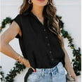 thumbnail image 3 of QLEICOM Women 2023 Summer V Neck Ruffle Short Sleeve Blouse Flowy Shirt Tunic Top Button Solid Color Turndown Collar T-Shirt Tops Black S, US Size 4, 3 of 6