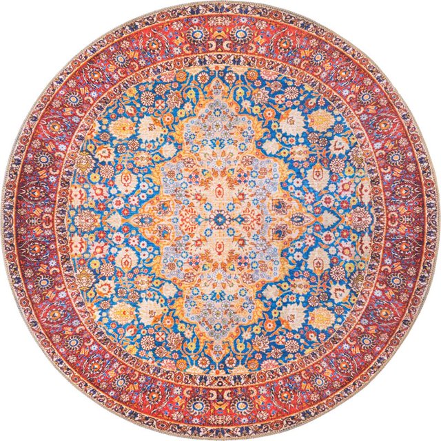 Unique Loom Revival Floral Border Rug 5' x 5' Round Navy Blue/Red