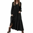 thumbnail image 2 of vigerkar Women's Linen Maxi Dress Long Sleeve with Pockets Casual V-Neck Tiered Ruffle Dress Boho Beach Pleated Long Dress Black, XL, 2 of 9