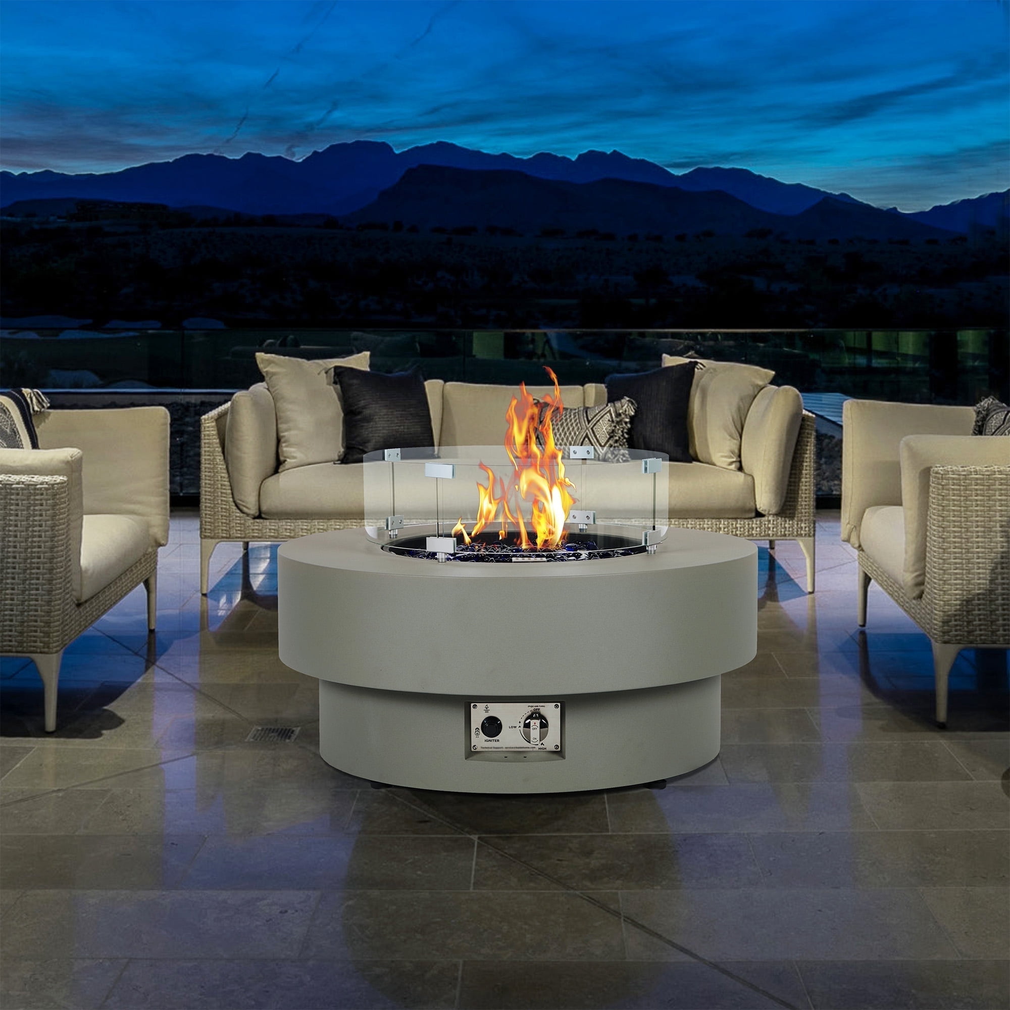 BAIDE HOME 32.5" Low Profile Propane Fire Pit Table, 50,000 BTU Outdoor Gas Fire Pit with Lid, Glass Rocks, Cover, Wind Glass Shield