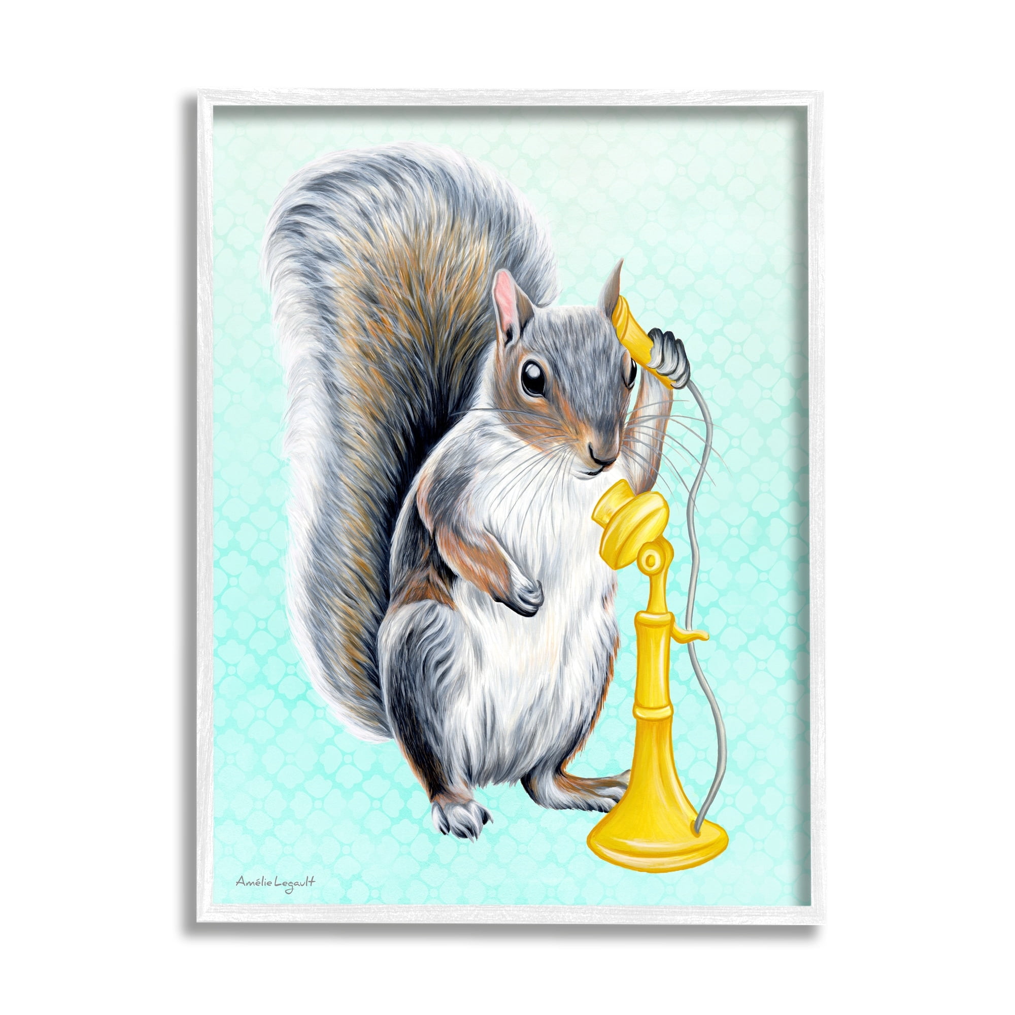 Stupell Industries Squirrel Talking Yellow Candlestick Telephone Patterned Shapes Graphic Art White Framed Art Print Wall Art, Design by Amelie Legault
