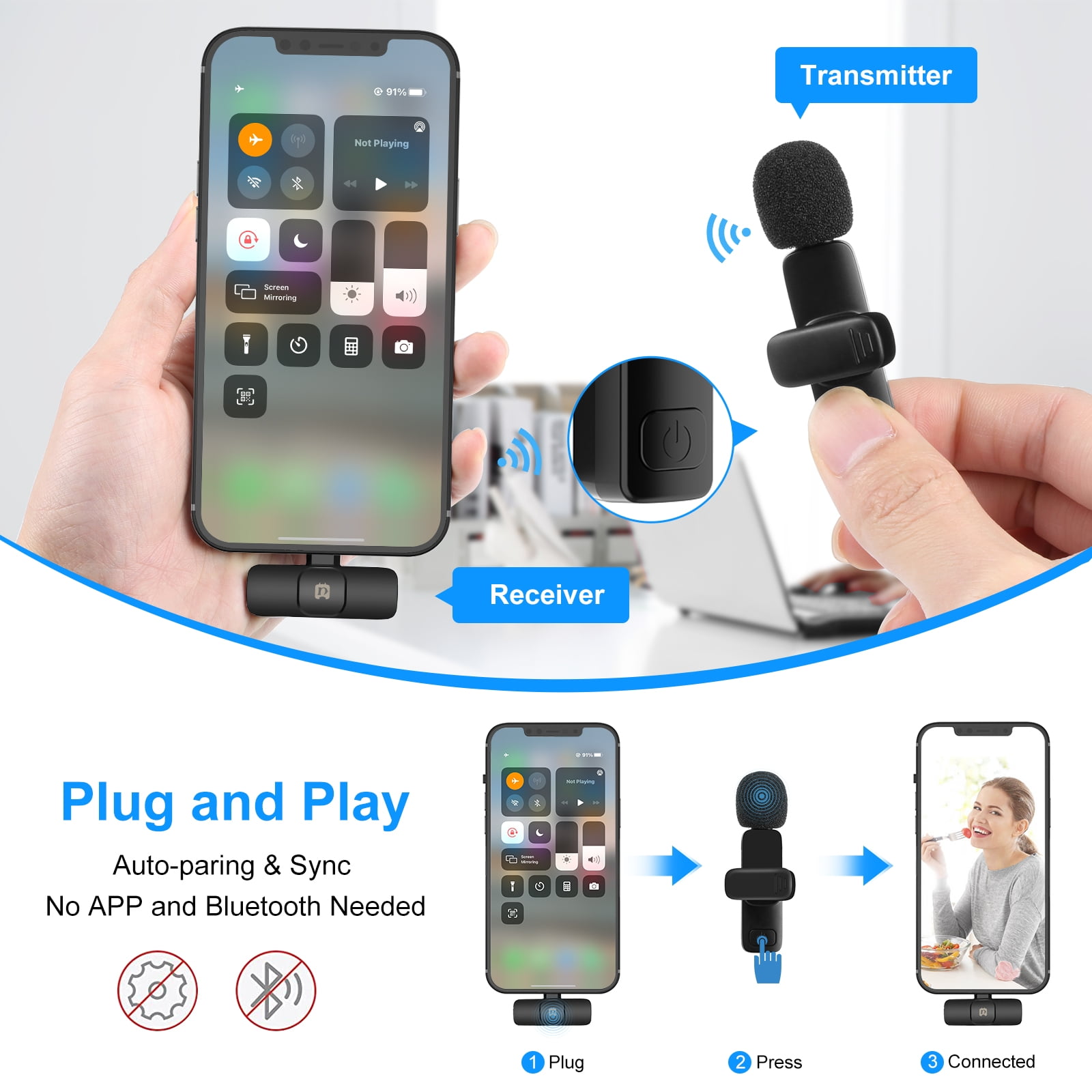 PULUZ Wireless Lavalier Noise Reduction Reverb Microphone for 8-Pin Device, Support Phone