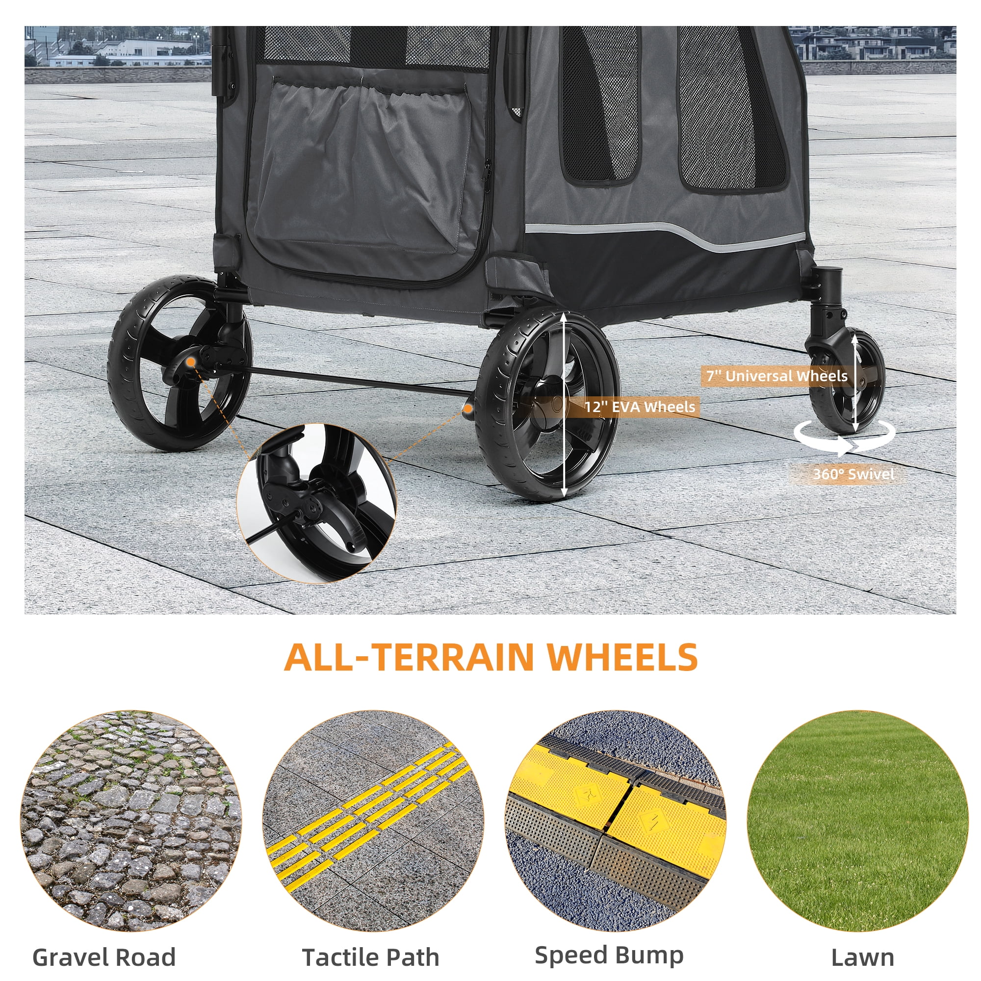 Uforic Foldable Dog Stroller, 4-Wheel Pet Stroller with Dual-Entry, Adjustable Handle, Reflective Strips, Folding Dog Wagon Up to 132 lbs Capacity for Large Dogs, Gray