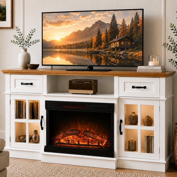 SESSLIFE 58" Fireplace TV Stand for TVs up to 65" with 24" Electric Fireplace, Modern Entertainment Center with LED, TV Console with Storage Drawers & Cabinets, for Living Room, White