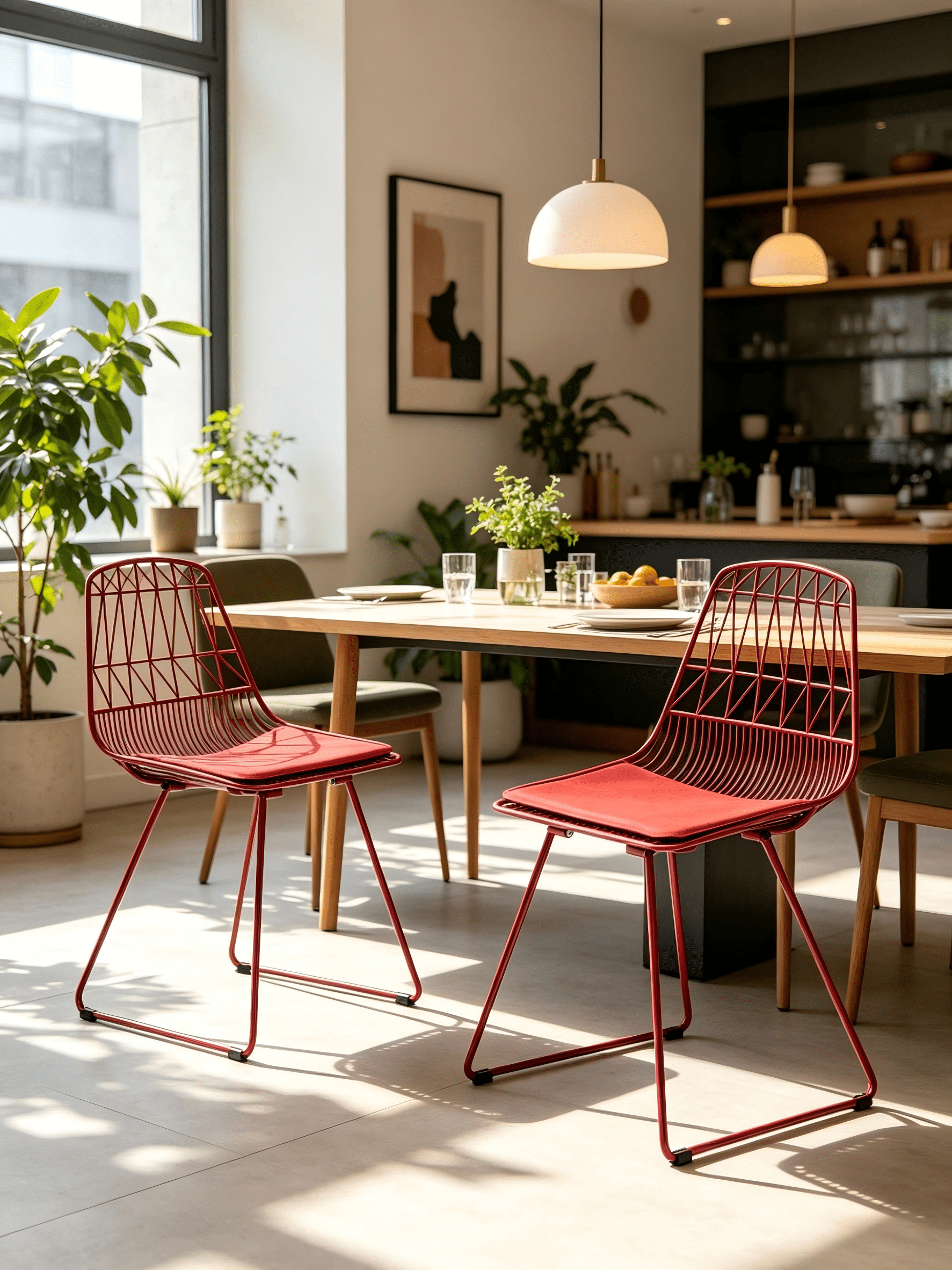 Industrial Metal Bistro Chairs, Modern Geometric Back Padded Faux Leather Side Chairs, Lightweight Sturdy Metal Chair, Indoor Outdoor Kitchen Cafe Chair with Anti-Scratch Floor Pads
