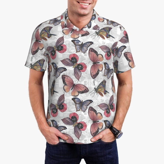 Fotbe Vintage Butterflies Camiseta Polo de Golf para Hombre con Estampado – Camisa Deportiva Transpirable con Cuello Abotonado-X-Large