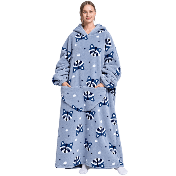 Extra Long Wearable Blanket Hoodie for Women, Oversized Hooded Blanket for Adults, Soft Plush Fleece Hoodie Blanket with Giant Pocket, Cozy Full Body Blanket Sweatshirt, Blue-Gray