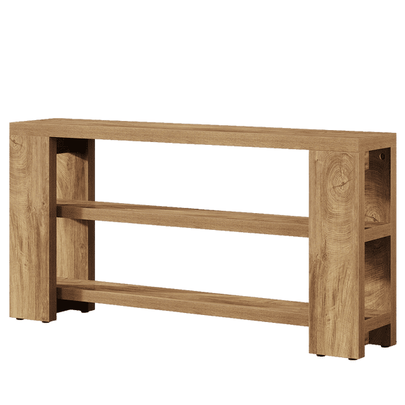 Resenkos Oak Wood Console Table, 3-Shelf Open Base, Rustic Entryway/Living Room Storage, Sturdy & Elegant, Brown
